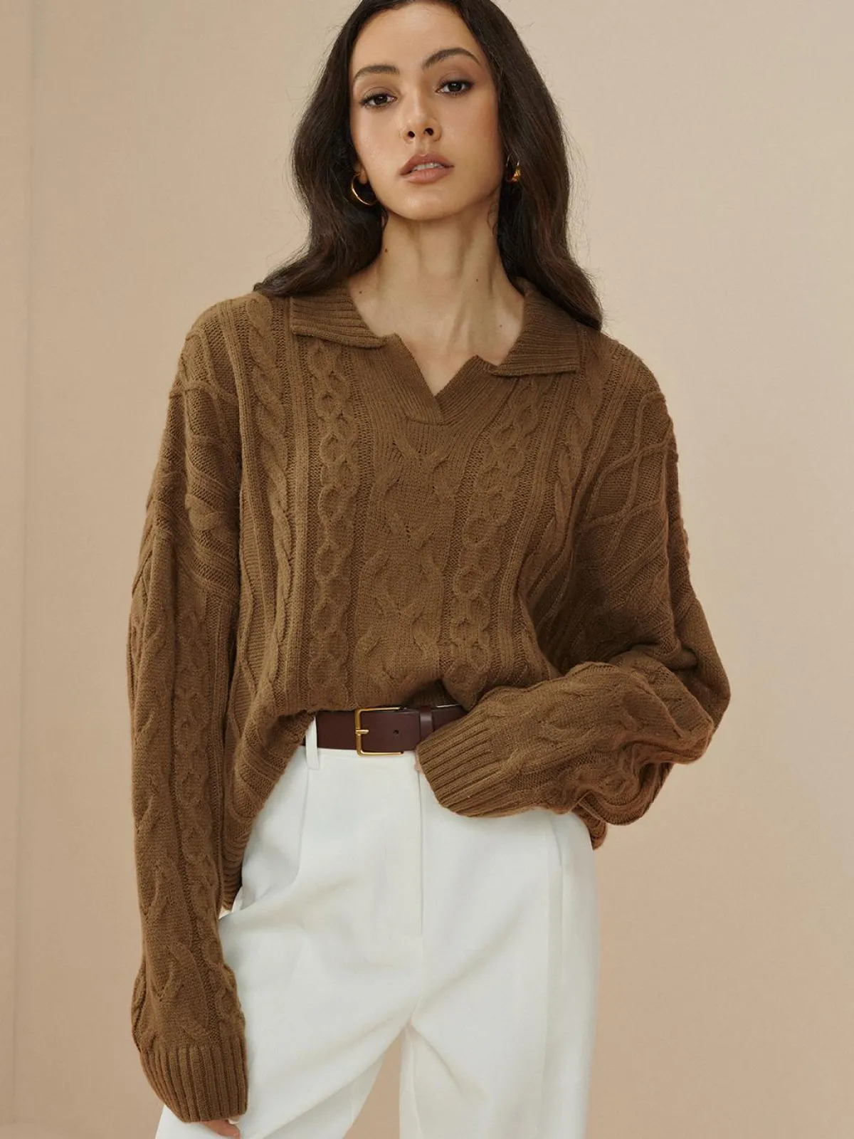 Hot Vintage Lapel Cable Pullover Sweater Sweater Tops|Sweaters & Cardigans