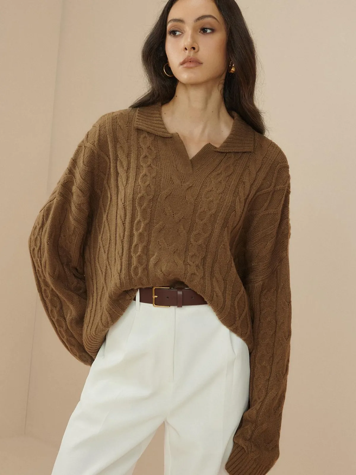 Hot Vintage Lapel Cable Pullover Sweater Sweater Tops|Sweaters & Cardigans