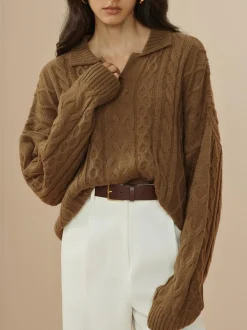 Hot Vintage Lapel Cable Pullover Sweater Sweater Tops|Sweaters & Cardigans
