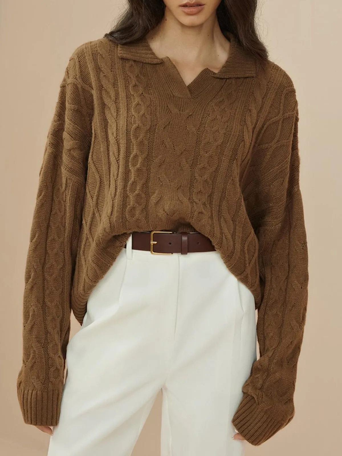 Hot Vintage Lapel Cable Pullover Sweater Sweater Tops|Sweaters & Cardigans