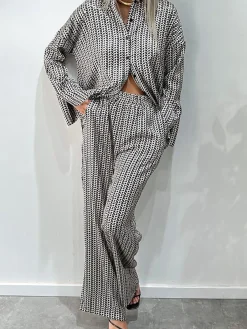 Clearance Vintage Lapel Elastic Waist Pants Set Matching Sets|Bottoms