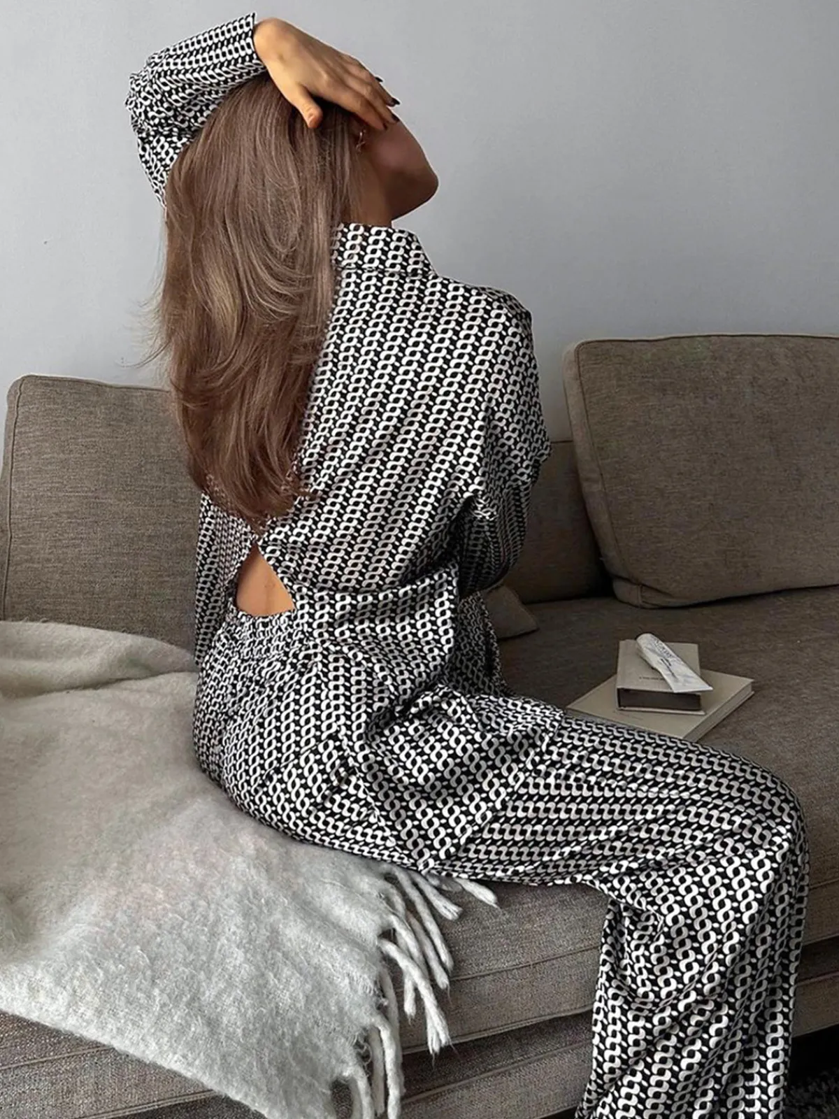 Clearance Vintage Lapel Elastic Waist Pants Set Matching Sets|Bottoms