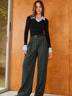 Hot Vintage Plaid Belted Wide-Leg Pants Pants|Bottoms