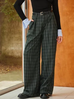 Hot Vintage Plaid Belted Wide-Leg Pants Pants|Bottoms