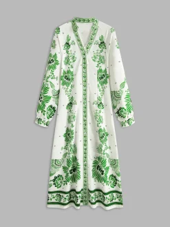 Online Vintage Printed Button Long Dress Vacation Dresses|Summer Dresses