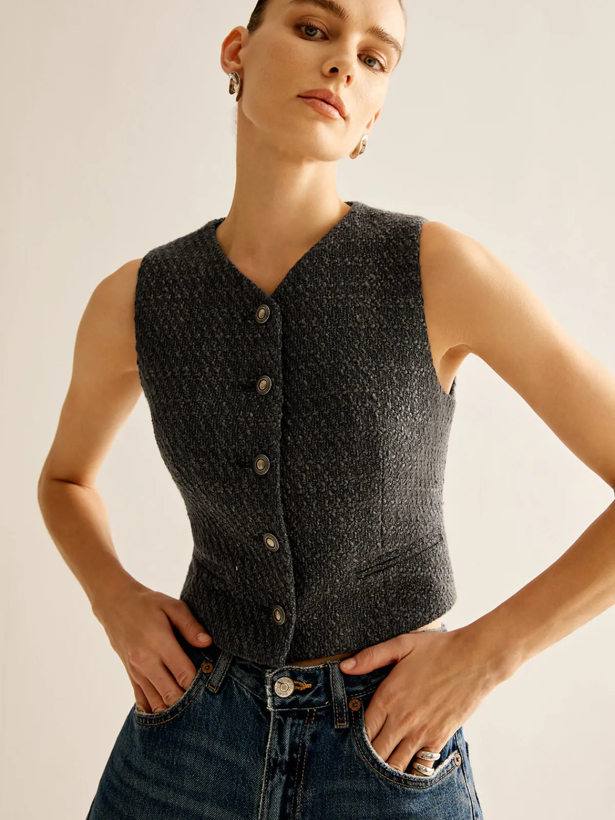 Hot Vintage Tweed Breasted Vest Outerwear|Vests