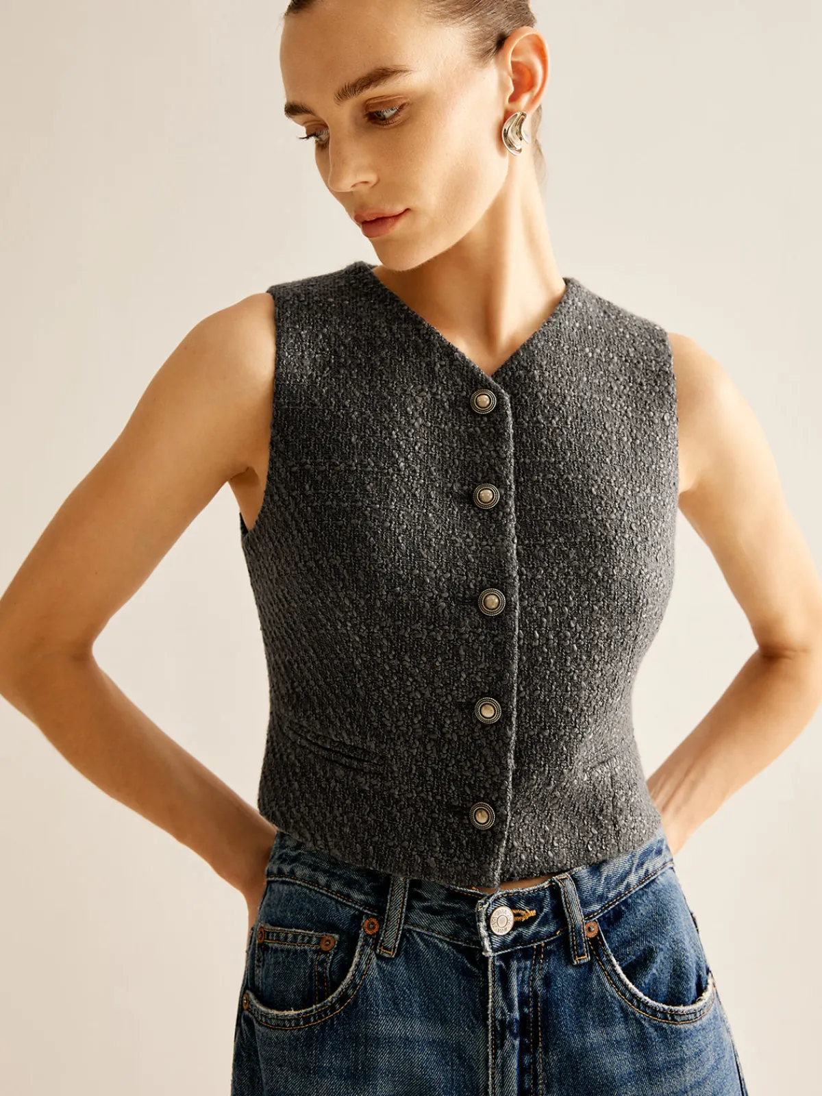 Hot Vintage Tweed Breasted Vest Outerwear|Vests