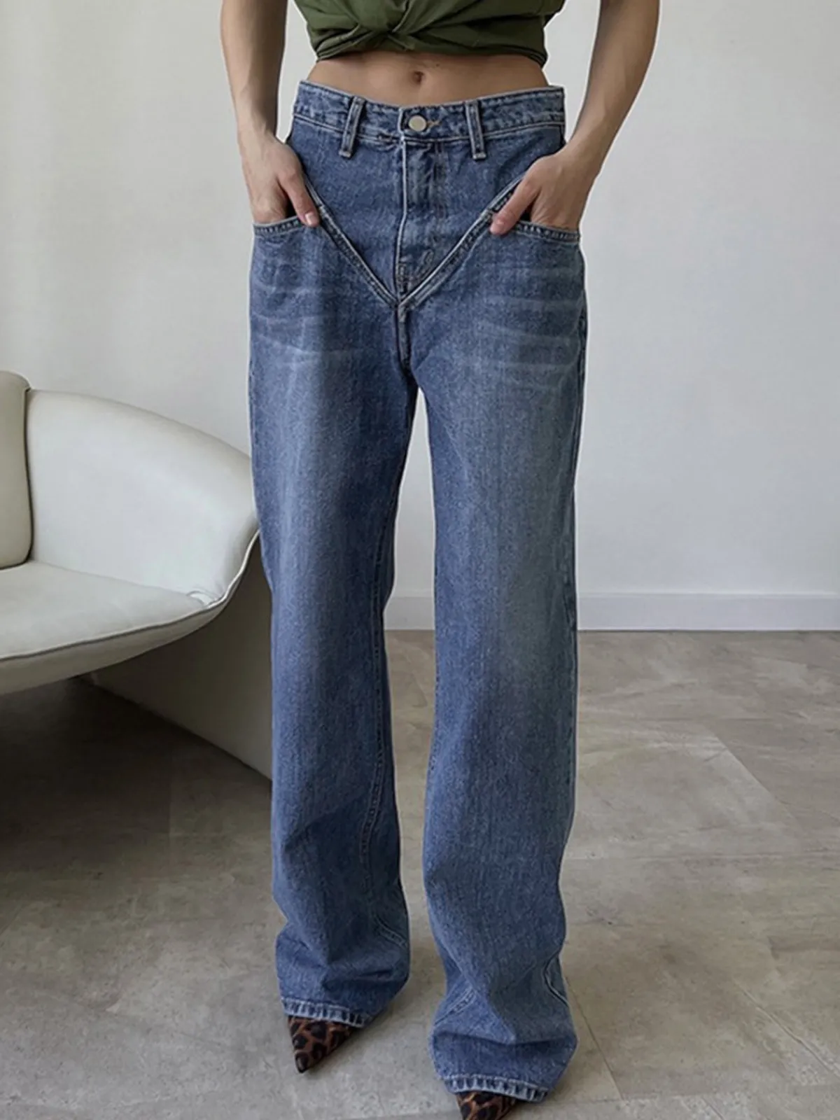 Vintage Wash Denim Straight Leg Jeans Jeans|Pants