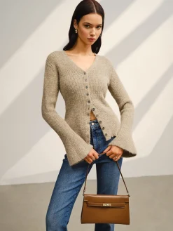 Discount V-Neck Bell Sleeve Button Cardigan Cardigans|Sweaters & Cardigans