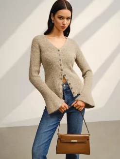 Sale V-Neck Bell Sleeve Button Cardigan Cardigans|Sweaters & Cardigans