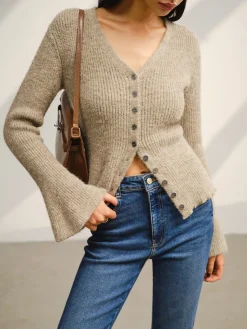 Sale V-Neck Bell Sleeve Button Cardigan Cardigans|Sweaters & Cardigans