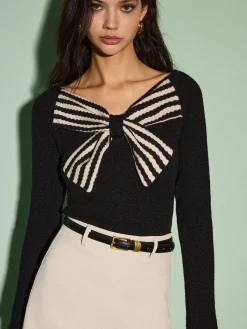 Discount V-Neck Bow Front Slim Sweater Sweater Tops|Sweaters & Cardigans