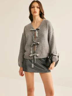 Hot V-Neck Bow Knotted Cardigan Cardigans|Sweaters & Cardigans