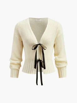Clearance V-Neck Bow Ribbed Cardigan Cardigans|Sweaters & Cardigans