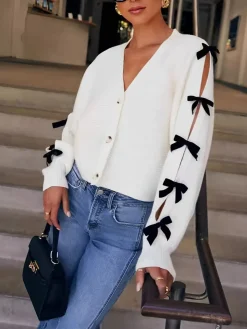 Best V-Neck Bow-Decor Short Cardigan Cardigans|Sweaters & Cardigans