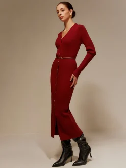 Sale V-Neck Breasted Belted Sweater Long Dress Sweater Dresses|Cocktail & Party Dresses
