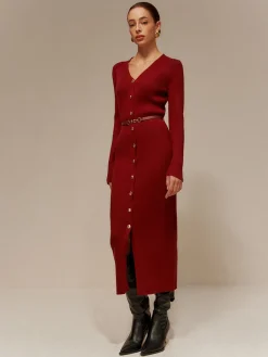 Sale V-Neck Breasted Belted Sweater Long Dress Sweater Dresses|Cocktail & Party Dresses