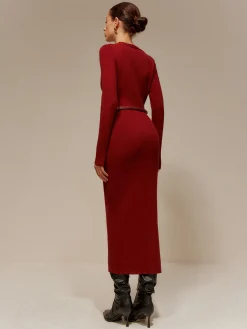 Sale V-Neck Breasted Belted Sweater Long Dress Sweater Dresses|Cocktail & Party Dresses
