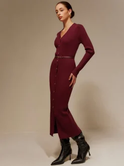 Sale V-Neck Breasted Belted Sweater Long Dress Sweater Dresses|Cocktail & Party Dresses