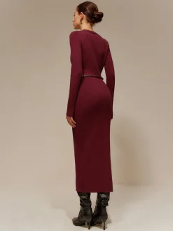 Sale V-Neck Breasted Belted Sweater Long Dress Sweater Dresses|Cocktail & Party Dresses