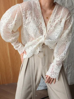 New V-Neck Button Floral Sheer Shirt Blouses & Shirts|Tops