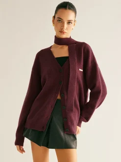 Online V-Neck Button Knit Outerwear With Scarf Sweater Tops|Outerwear