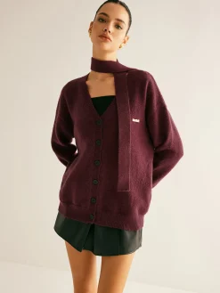 Online V-Neck Button Knit Outerwear With Scarf Sweater Tops|Outerwear