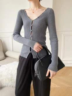Clearance V-Neck Button Slim Knit Top Sweater Tops|Sweaters & Cardigans