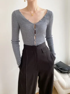 Clearance V-Neck Button Slim Knit Top Sweater Tops|Sweaters & Cardigans