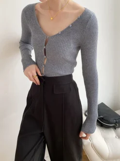 Clearance V-Neck Button Slim Knit Top Sweater Tops|Sweaters & Cardigans