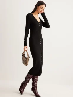 Clearance V-Neck Button Slim Long Dress Black Dresses|Casual Dresses