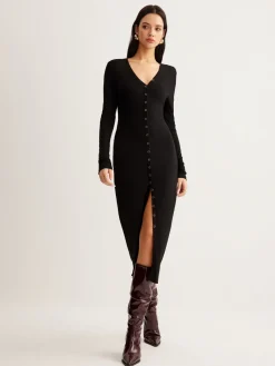 Clearance V-Neck Button Slim Long Dress Black Dresses|Casual Dresses