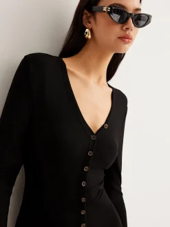 Clearance V-Neck Button Slim Long Dress Black Dresses|Casual Dresses