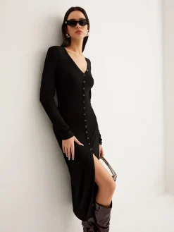 Clearance V-Neck Button Slim Long Dress Black Dresses|Casual Dresses