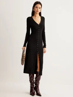 Clearance V-Neck Button Slim Long Dress Black Dresses|Casual Dresses