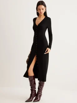 Clearance V-Neck Button Slim Long Dress Black Dresses|Casual Dresses