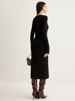 Clearance V-Neck Button Slim Long Dress Black Dresses|Casual Dresses