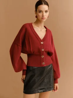 New V-Neck Cinched Waist Button Cardigan Cardigans|Sweaters & Cardigans