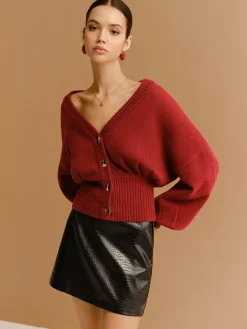 New V-Neck Cinched Waist Button Cardigan Cardigans|Sweaters & Cardigans
