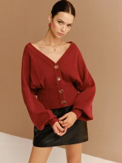 New V-Neck Cinched Waist Button Cardigan Cardigans|Sweaters & Cardigans