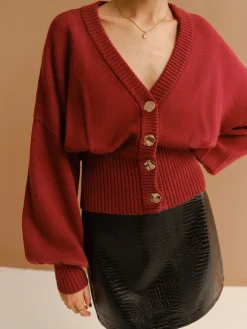 New V-Neck Cinched Waist Button Cardigan Cardigans|Sweaters & Cardigans