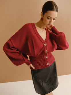 New V-Neck Cinched Waist Button Cardigan Cardigans|Sweaters & Cardigans
