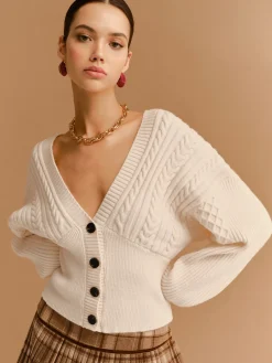Hot V-Neck Cinched Waist Twist Button Cardigan Knitwear|Tops