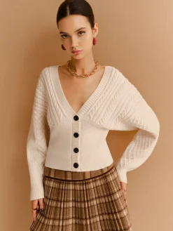 Hot V-Neck Cinched Waist Twist Button Cardigan Knitwear|Tops