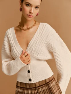 Hot V-Neck Cinched Waist Twist Button Cardigan Knitwear|Tops