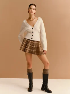 Hot V-Neck Cinched Waist Twist Button Cardigan Knitwear|Tops