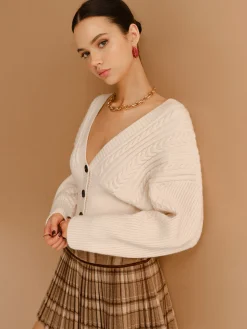 Hot V-Neck Cinched Waist Twist Button Cardigan Knitwear|Tops