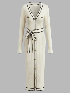 Hot V-Neck Contrast Trim Belted Sweater Dress White Dresses|Sweater Dresses
