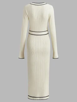 Hot V-Neck Contrast Trim Belted Sweater Dress White Dresses|Sweater Dresses
