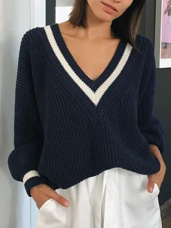 Discount V-Neck Contrast Trim Sweater Sweater Tops|Sweaters & Cardigans